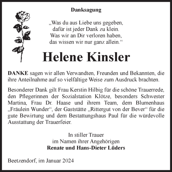 Traueranzeige von Helene Kinsler von Volksstimme Altmark West