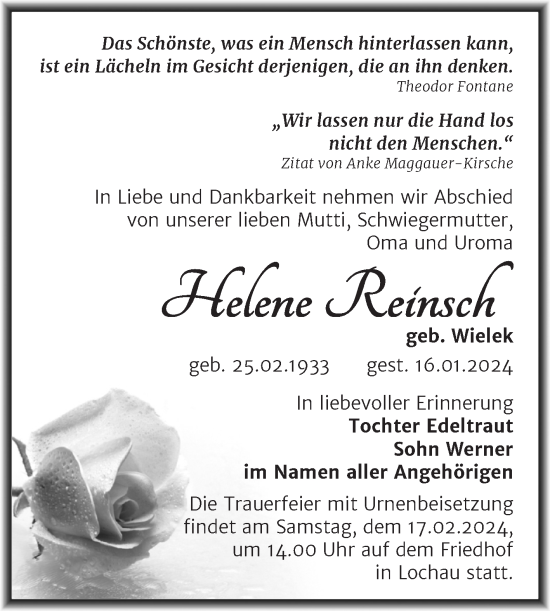 Traueranzeige von Helene Reinsch von Trauerkombi Merseburg