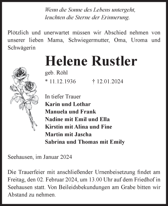Traueranzeige von Helene Rustler von Volksstimme Altmark Ost