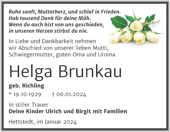 Traueranzeige von Helga Brunkau von Trauerkombi Mansfelder Land