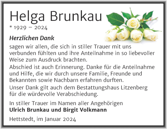 Traueranzeige von Helga Brunkau von Trauerkombi Mansfelder Land