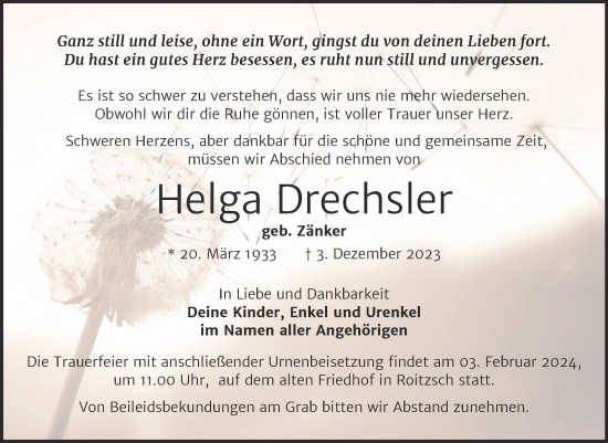 Traueranzeige von Helga Drechsler von Trauerkombi Bitterfeld