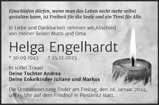 Traueranzeige von Helga Engelhardt von Trauerkombi Wittenberg