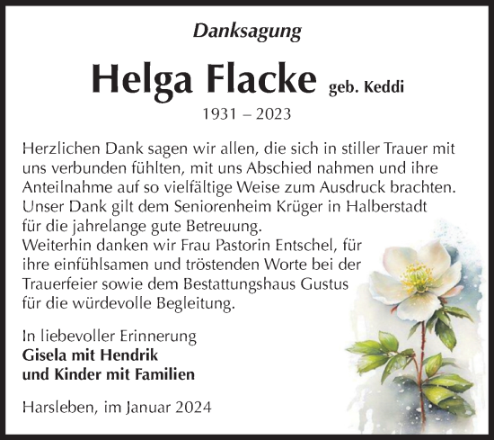 Traueranzeige von Helga Flacke von Volksstimme Halberstadt