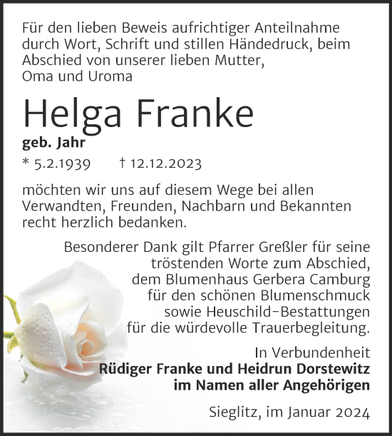Traueranzeige von Helga Franke von Wochenspiegel Naumburg/Nebra