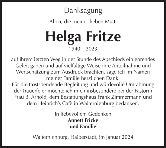 Traueranzeige von Helga Fritze von Volksstimme Zerbst