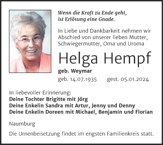 Traueranzeige von Helga Hempf von Wochenspiegel Naumburg/Nebra