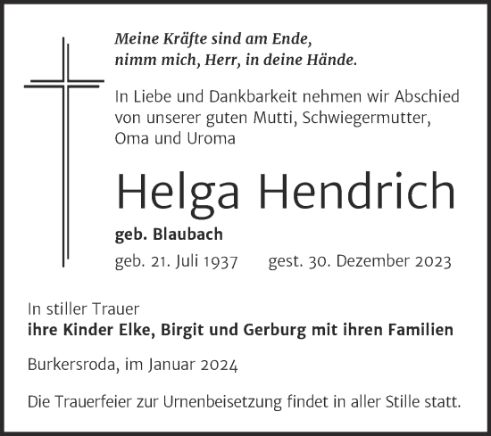 Traueranzeige von Helga Hendrich von Naumburger Tageblatt