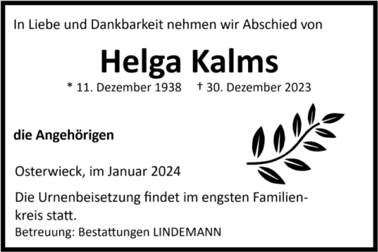 Traueranzeige von Helga Kalms von Volksstimme Halberstadt