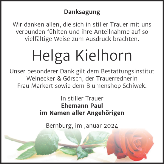 Traueranzeige von Helga Kielhorn von Trauerkombi Bernburg