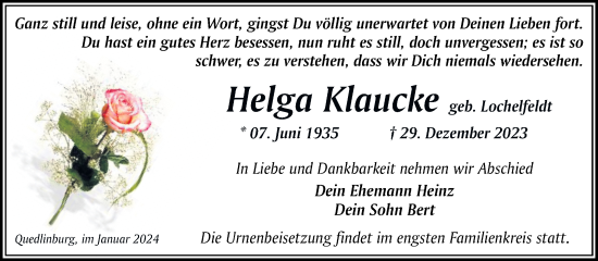 Traueranzeige von Helga Klaucke von Trauerkombi Quedlinburg