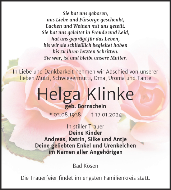 Traueranzeige von Helga Klinke von Wochenspiegel Naumburg/Nebra