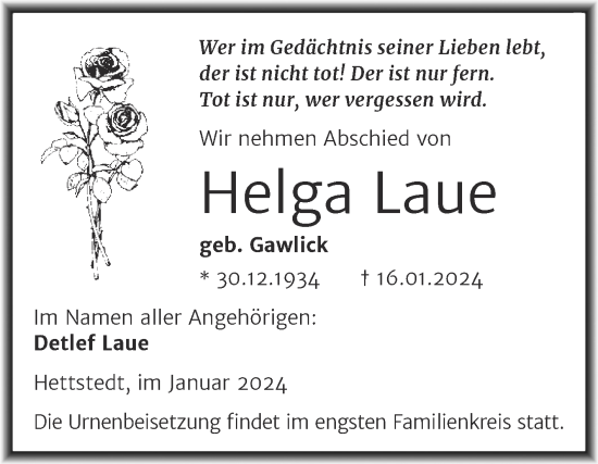 Traueranzeige von Helga Laue von Trauerkombi Mansfelder Land