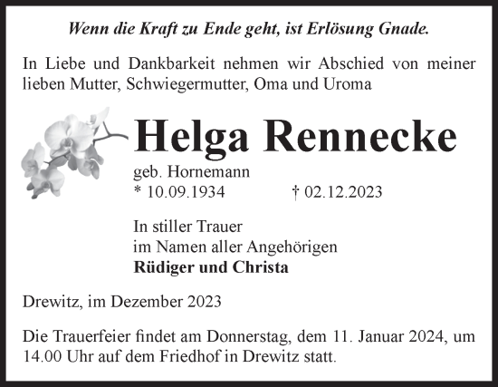 Traueranzeige von Helga Rennecke von Volksstimme Burg/Genthin