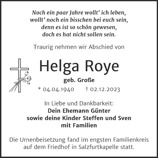 Traueranzeige von Helga Roye von Trauerkombi Bitterfeld