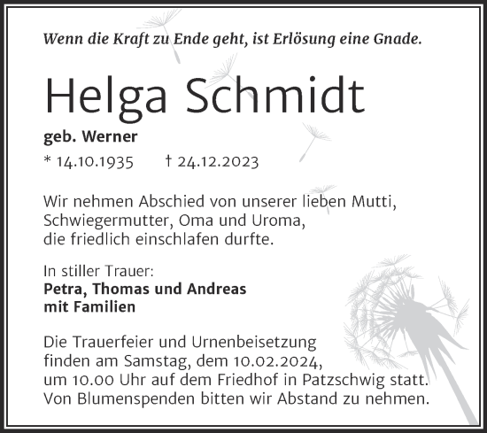 Traueranzeige von Helga Schmidt von Trauerkombi Wittenberg