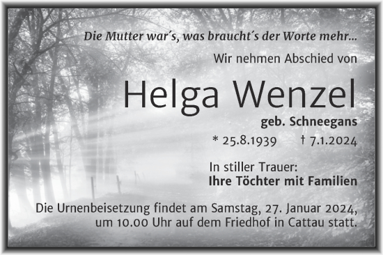 Traueranzeige von Helga Wenzel von Trauerkombi Köthen