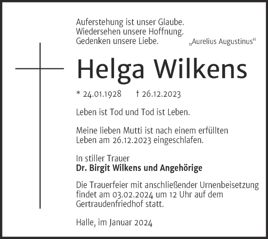 Traueranzeige von Helga Wilkens von Mitteldeutsche Zeitung Halle/Saalkreis