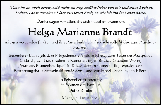 Traueranzeige von Helga Marianne Brandt von Volksstimme Altmark Ost