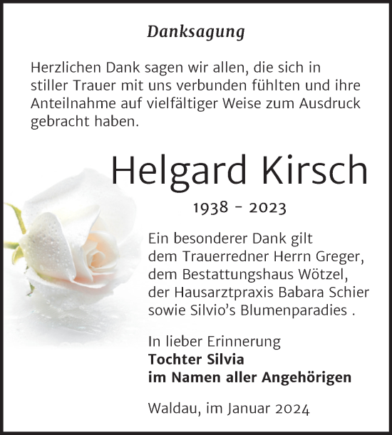 Traueranzeige von Helgard Kirsch von Trauerkombi Zeitz