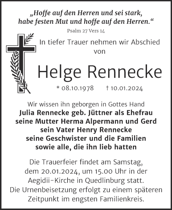 Traueranzeige von Helge Rennecke von Trauerkombi Quedlinburg