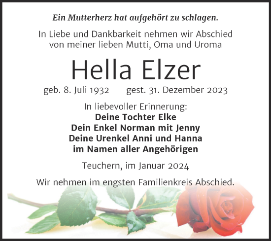 Traueranzeige von Hella Elzer von Trauerkombi Weißenfels