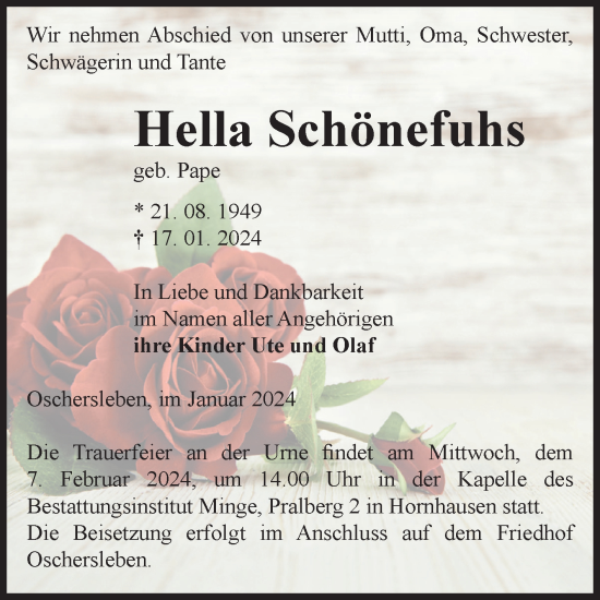 Traueranzeige von Hella Schönefuhs von Volksstimme Oschersleben/Wanzleben