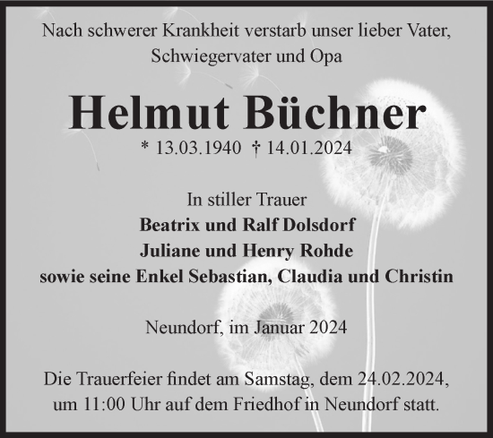 Traueranzeige von Helmut Büchner von Volksstimme Staßfurt