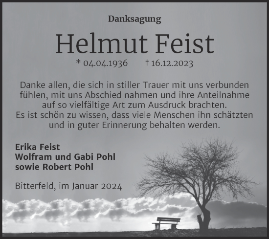 Traueranzeige von Helmut Feist von Trauerkombi Bitterfeld