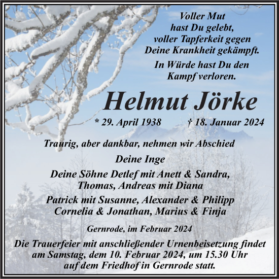 Traueranzeige von Helmut Jörke von Trauerkombi Quedlinburg
