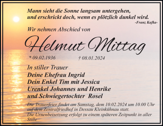 Traueranzeige von Helmut Mittag von Trauerkombi Dessau