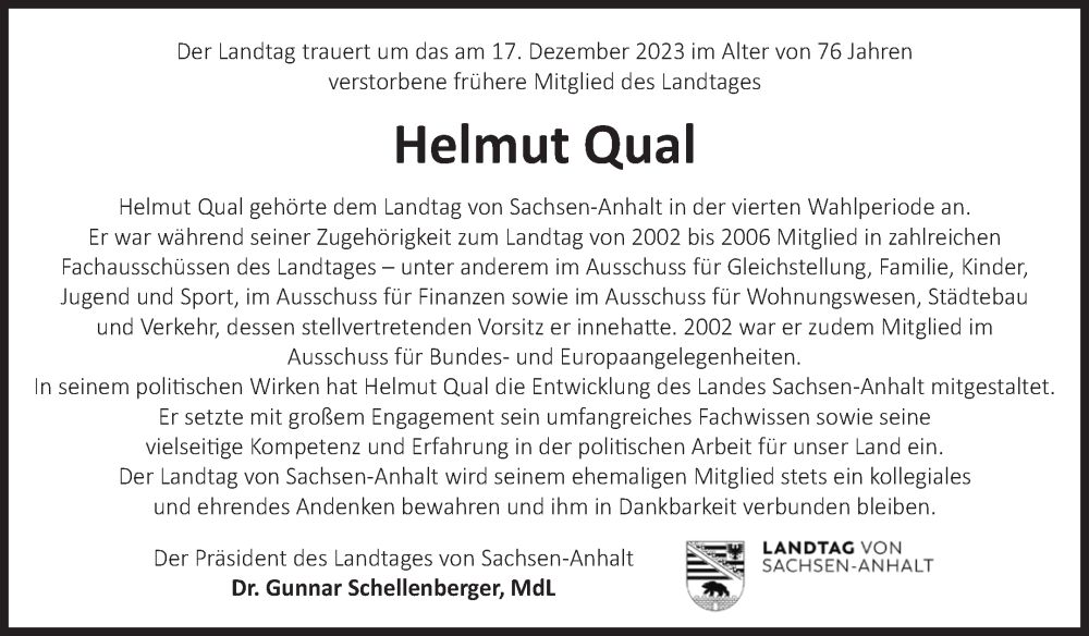  Traueranzeige für Helmut Qual vom 11.01.2024 aus Mitteldeutsche Zeitung Gesamt Sachsen-Anhalt Süd