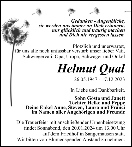 Traueranzeige von Helmut Qual von Trauerkombi Sangerhausen