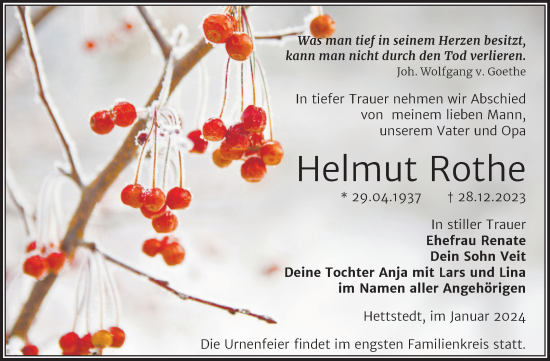 Traueranzeige von Helmut Rothe von Trauerkombi Mansfelder Land