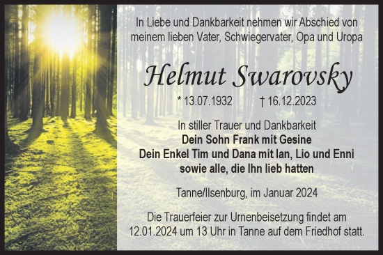 Traueranzeige von Helmut Swarovsky von Volksstimme Wernigerode
