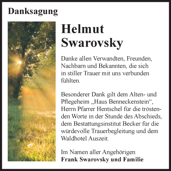 Traueranzeige von Helmut Swarovsky von Volksstimme Wernigerode