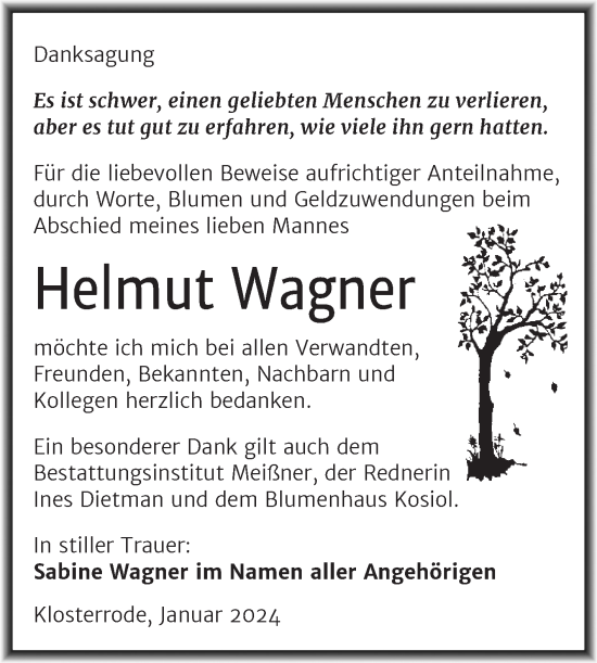 Traueranzeige von Helmut Wagner von Trauerkombi Sangerhausen