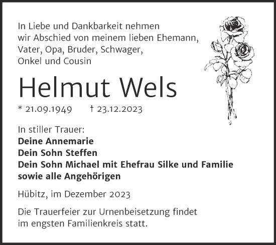 Traueranzeige von Helmut Wels von Trauerkombi Mansfelder Land