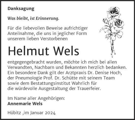 Traueranzeige von Helmut Wels von Trauerkombi Mansfelder Land
