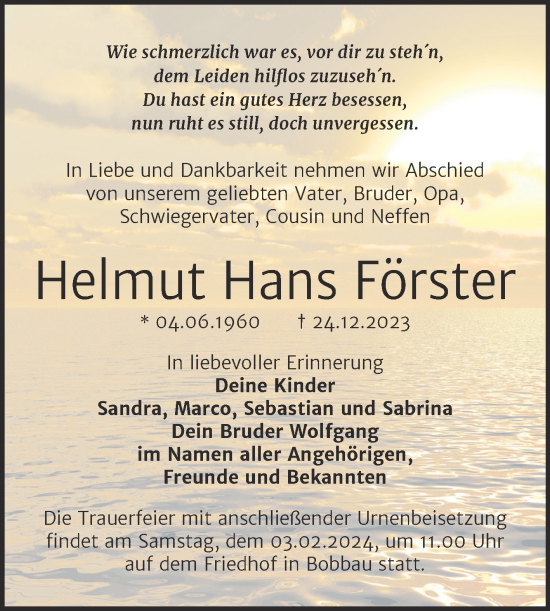 Traueranzeige von Helmut Hans Förster von Trauerkombi Bitterfeld