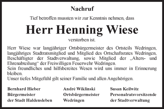 Traueranzeige von Henning Wiese von Volksstimme Haldensleben/Wolmirstedt