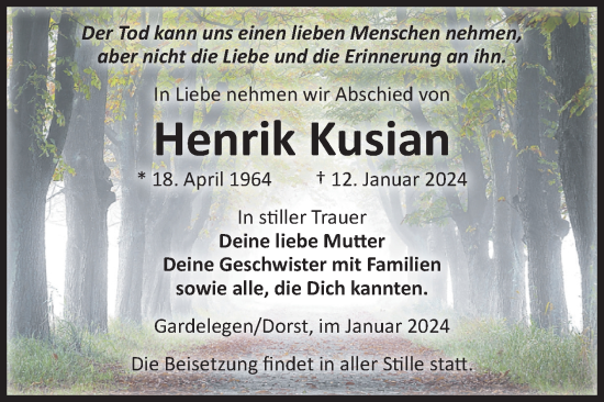 Traueranzeige von Henrik Kusian von Volksstimme Haldensleben/Wolmirstedt