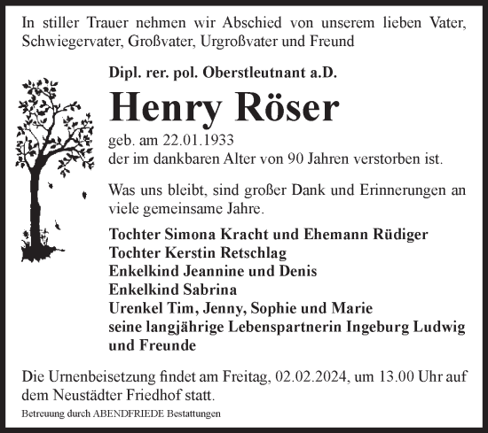 Traueranzeige von Henry Röser von Volksstimme Magdeburg