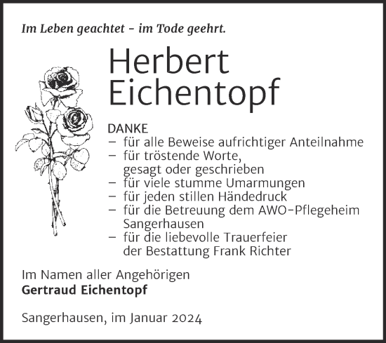 Traueranzeige von Herbert Eichentopf von Trauerkombi Sangerhausen