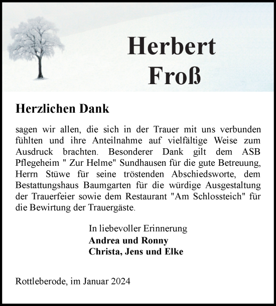 Traueranzeige von Herbert Froß von Mitteldeutsche Zeitung Sangerhausen