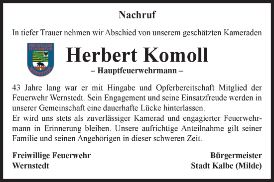 Traueranzeige von Herbert Komoll von Volksstimme Altmark West