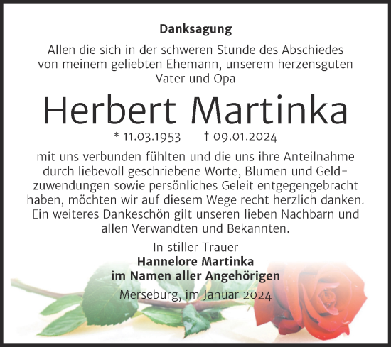 Traueranzeige von Herbert Martinka von Trauerkombi Merseburg