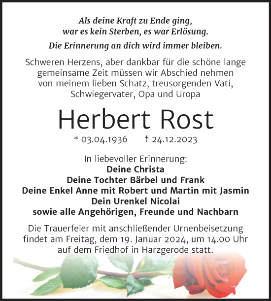 Traueranzeige von Herbert Rost von Trauerkombi Quedlinburg
