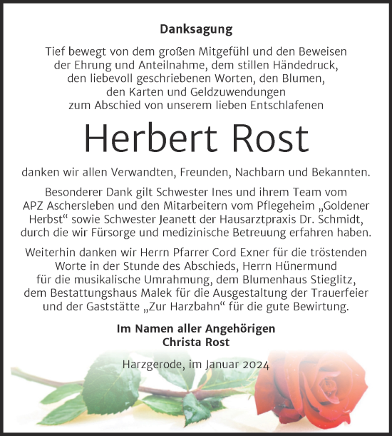 Traueranzeige von Herbert Rost von Trauerkombi Quedlinburg