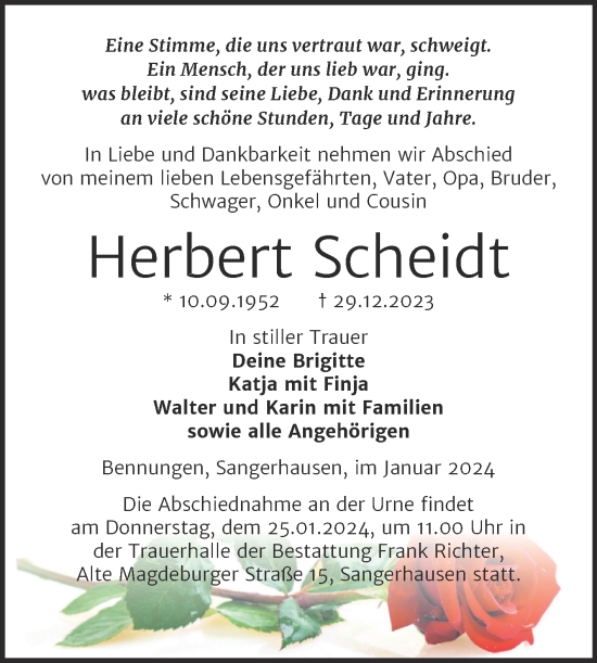 Traueranzeige von Herbert Scheidt von Trauerkombi Sangerhausen
